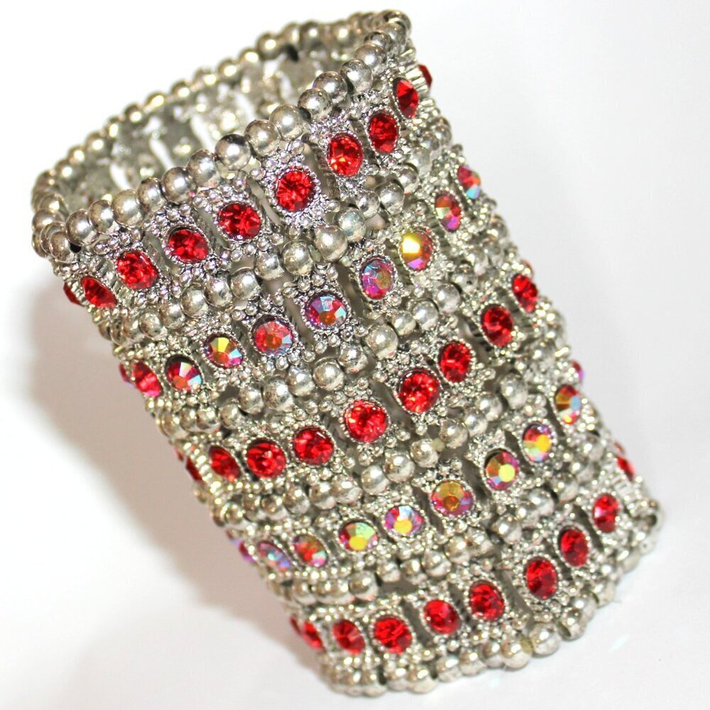 Wide Band Crystal Silver Red Bead Cuff Arm Chunky Woman Warrior Stretch Bracelet